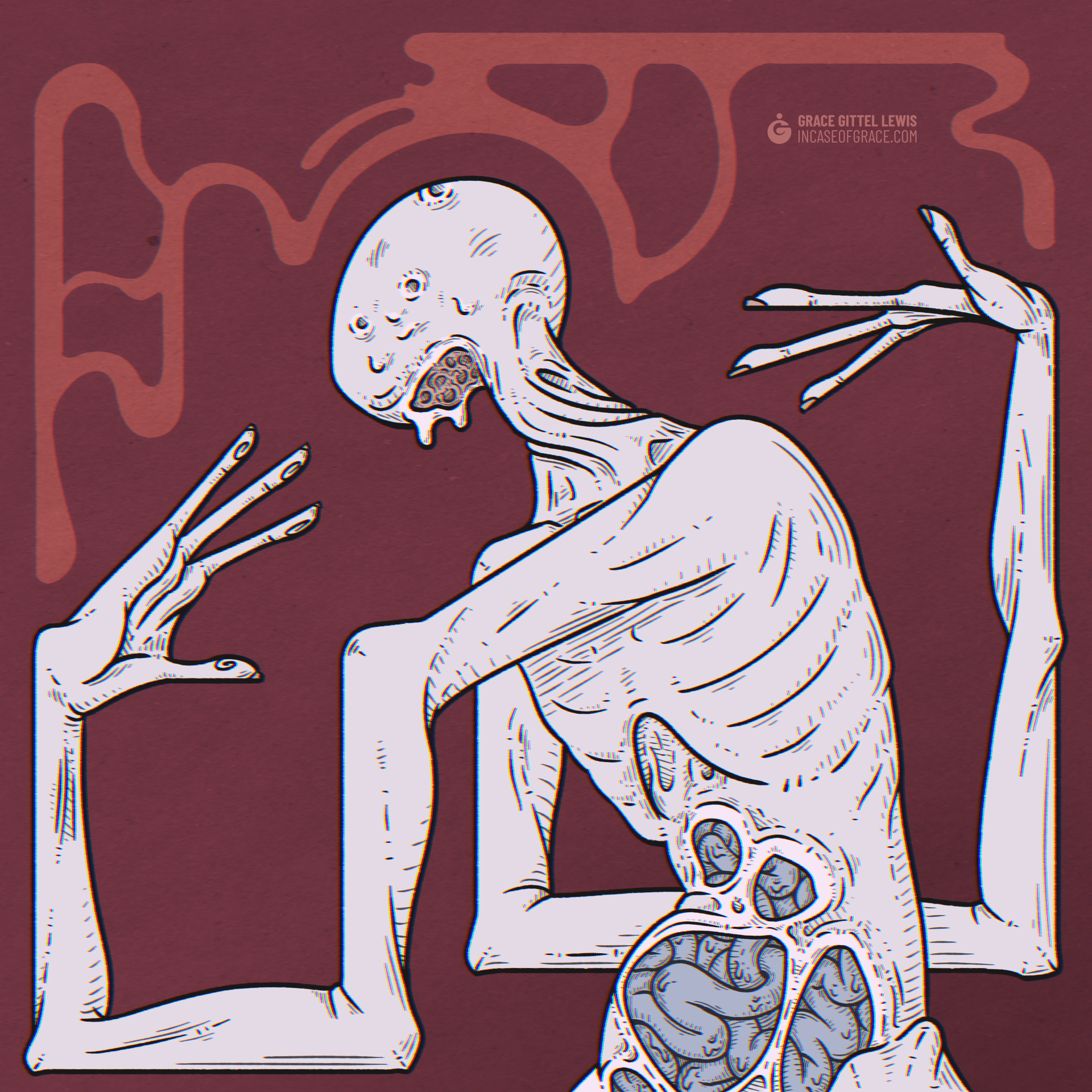 A surrealist illustration with a dark red background, depicting a pale blue-grey figure posing with its two many-jointed arms on either side of itself. The figure's head is twisted away from the viewer, showing a red, fleshy area under its skull.

                        The figure's stomach appears to be coming apart, opening windows that expose its blue intestines.